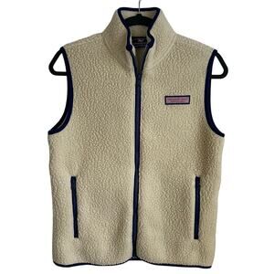 Vineyard Vines Sherpa Cream Vest Youth Sz L (16) Navy Trim Zip Pockets Preppy
